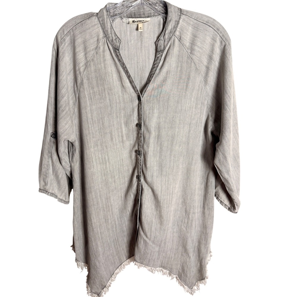 Hester & Orchard Button Front Top Womens Medium Gray Tencel Boho Sharkbite Hem